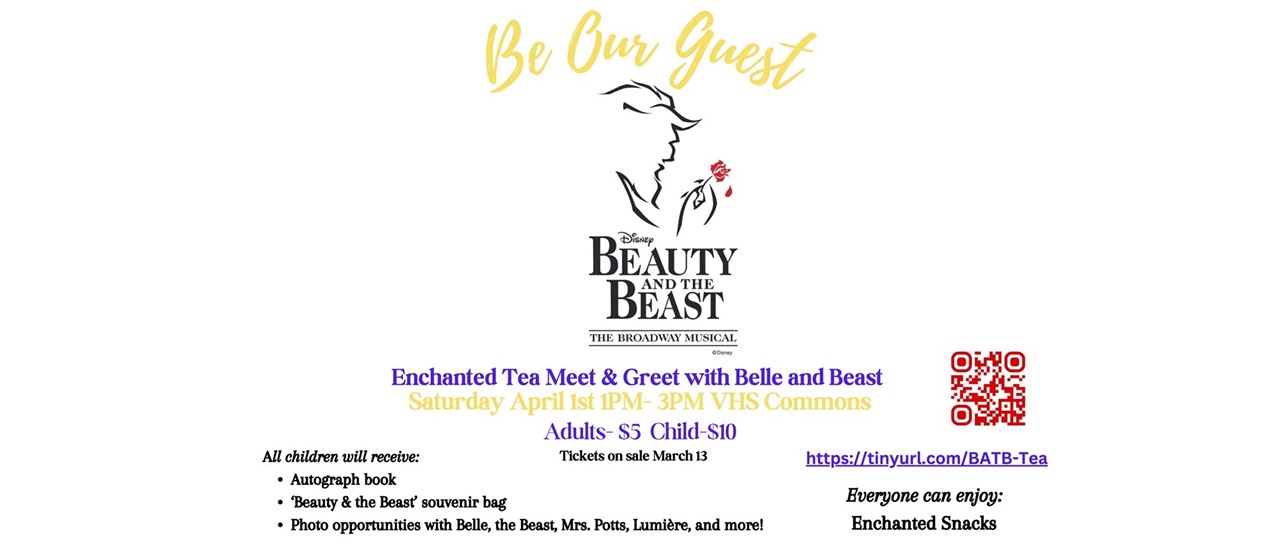 Join Belle, Gaston, Lumiére, Mrs. Potts, Chip, and the Beast (& many others!) for an Enchanted Afternoon Tea with the cast of &#34;Beauty and the Beast&#34;! Saturday, April 1, from 1:00-3:00pm! Please see details on the attached flyer on how to purchase tickets!